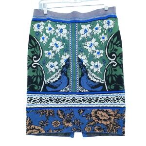 Moth‎ Pencil Skirt Women SP Green Blue Floral Peacock Knit Anthropologie